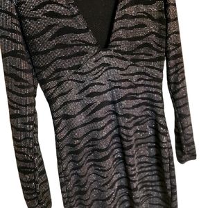H&M Animal Print Sparkly Long Sleeve Mini Dress with Plunging Neckline Size S